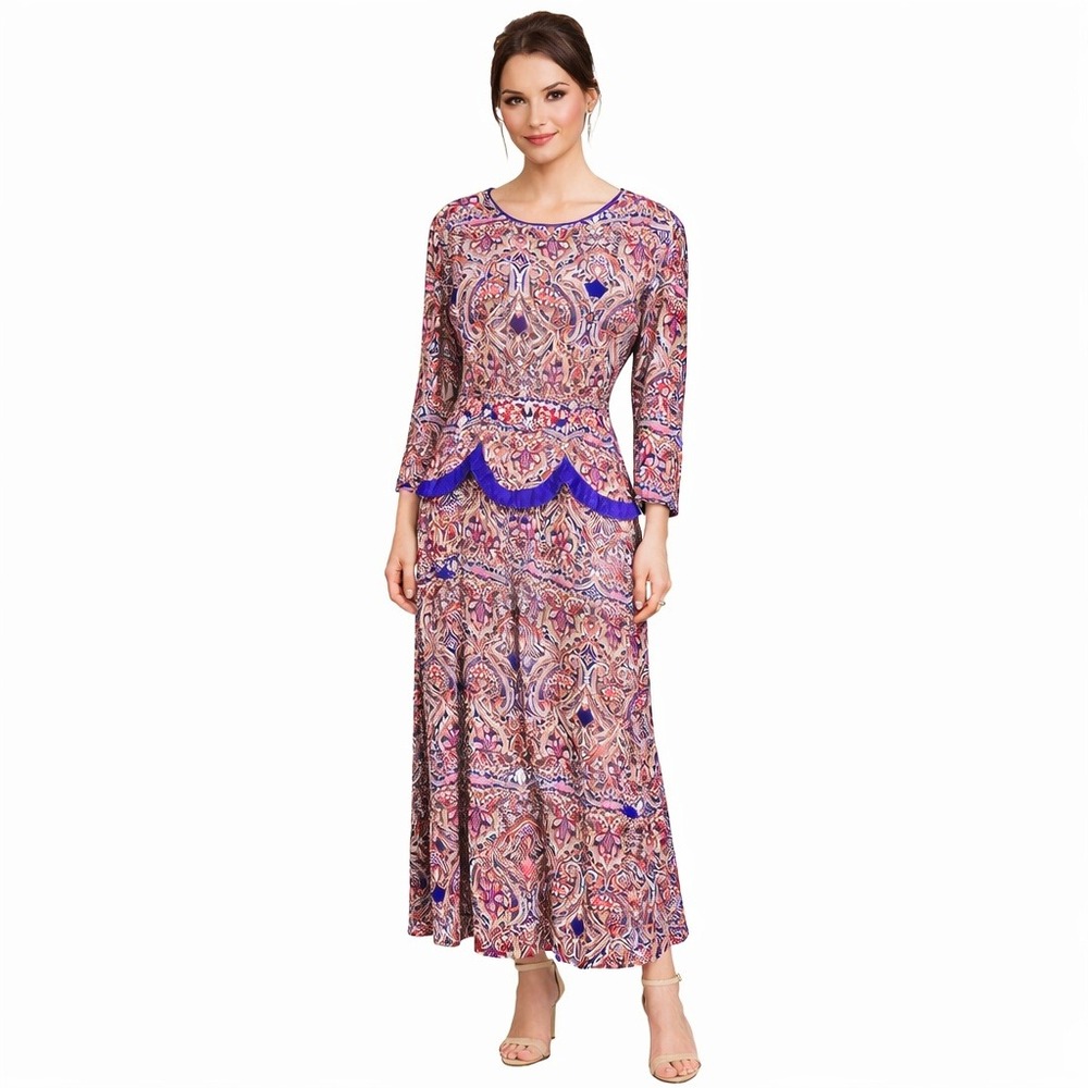 VTG 80s Midi Dress Miss Dorby Paisley ‎ Button Back & Suede Waistband Panels 10